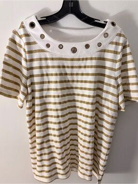 Quacker Factory Women’s Nautical Gold And White Striped Shirt Size Large